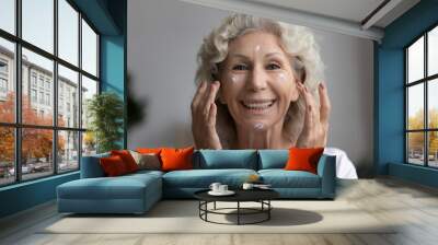 Close up portrait of smiling elderly 60s woman apply moisturizing anti-wrinkle face cream or balm at home, happy mature female use nourishing anti-age collagen facial beauty product, skincare concept Wall mural