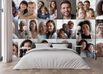 Collage mosaic of many happy multiracial people couples and families, old young generation adults and kids of diverse ethnicity faces headshots closeup portraits. Horizontal banner for website design. Wall mural