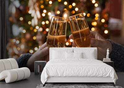 Crop close up of man and woman hold glasses with champagne clink greet congratulate with New Year. Couple celebrate Christmas winter holidays at home together, wish luck and joy. Celebration concept. Wall mural