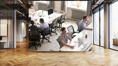 diverse multiracial staff office workers working using computers in modern corporate space, colleagu Wall mural