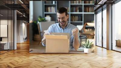 Excited happy man looking into cardboard box, sitting at work desk, received parcel with awaited online store order, smiling laughing young male celebrating success, lottery winner prize Wall mural