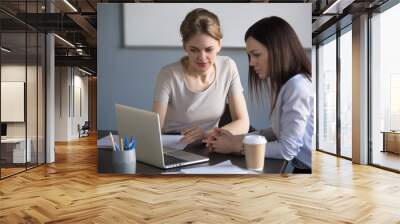 Female colleagues working at laptop negotiating on business project in meeting room, businesswomen discussing startup idea, millennial ceo showing statistics on computer to partner or coworker Wall mural