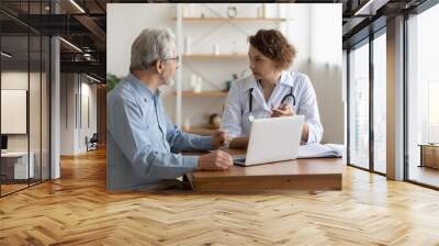 Female professional doctor explaining geriatric disease treatment talking to senior patient at medical visit. Physician consulting examining old man patient in hospital. Elderly health care concept Wall mural