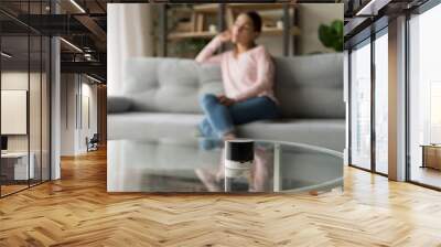 Focused modern wireless speaker with blurred young woman on background. Wall mural