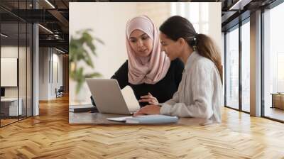 Focused team leader training millennial female intern. Wall mural