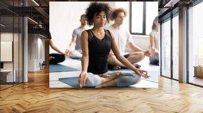 Full length concentrated happy calm young mixed race fit woman sitting with closed eyes in padmasana lotus pose and folded mudra gesture sign, enjoying meditating at yoga class with diverse people. Wall mural