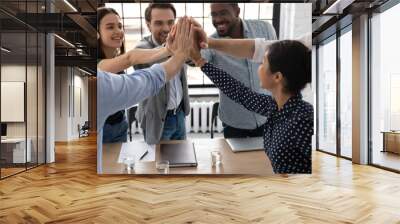 Group of excited multi-ethnic office staff members stack palms together express unity, giving high five gesture sharing department success, sales increase, career growth, team building spirit concept Wall mural