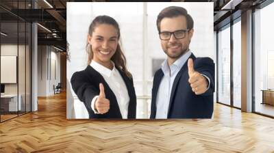 Group of multi ethnic staff standing in row smiling showing thumbs up hand gesture, concept of career success growth, best corporate service feedback. Horizontal photo banner for website header design Wall mural