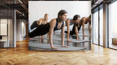 Group of young sporty people practicing yoga with instructor, doing Plank exercise, Push ups, press ups pose, working out indoor, students training in club, studio. Wellbeing, weight loss concept Wall mural