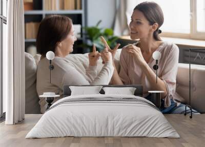 Happy adult daughter and older mother speaking sign language, having fun, sitting on sofa at home, smiling young woman and mature mum chatting, communicating, showing gestures, deaf family Wall mural