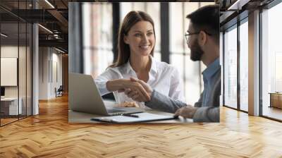 Happy businesswoman shaking hands with man job seeker near laptop. Smiling successful manager making deal with male partner using pc. Professional employee congratulations applicant. Wall mural