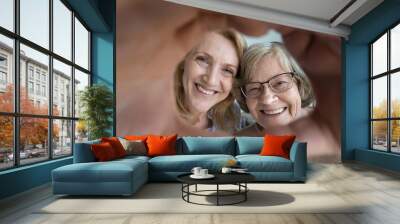 Happy cute elderly mother and mature middle aged daughter woman looking at camera through hand heart frame with toothy smiles. Cute portrait of loving two family female generations Wall mural