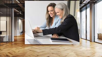 Happy different aged female business colleagues looking and pointing at laptop screen, laughing, getting good news, enjoying online business communication, teamwork, working together on project Wall mural