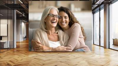 Happy excited senior mom and adult daughter woman having fun at home, hugging with heads touch, sitting on sofa, laughing with closed eyes, enjoying funny talk, leisure, family affection Wall mural