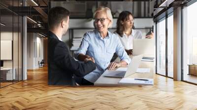 Happy mature businesswoman shaking hands with younger business partner man at meeting, sitting at large co-working table, smiling, laughing, giving handshake, thanking colleague for help, support Wall mural