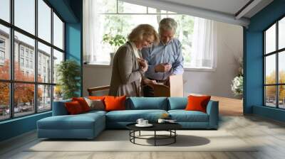 Happy mature couple, man and woman unpacking parcel at home together, satisfied elderly clients looking in cardboard box, excited by good delivery service, received online store order, gift Wall mural