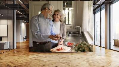 Happy middle aged couple of vegans cooking dinner together at home, making raw organic salad. Senior retired husband and wife cutting vegetables in kitchen, having fun talking and laughing Wall mural