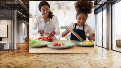 Happy mother and kid sharing cooking chores, preparing salad for dinner together, slicing fresh vegetables on chopping boards, talking and laughing. Family eating at home, healthy food concept Wall mural