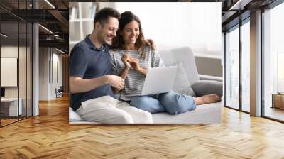 Happy wife and husband using laptop at home, make video call to family using application, watching on-line movie via digital streaming subscription services, enjoy pleasant pastime at home on internet Wall mural