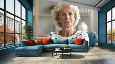 Head shot portrait close up beautiful aged mature woman with grey curly hair sitting on cozy couch, posing for photo at home, attractive older senior female looking at camera, natural old beauty Wall mural