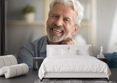 Head shot portrait of happy middle aged older retired man laughing at funny joke. Emotional smiling elderly grandfather looking at camera, enjoying video call or distant communicating with friends. Wall mural