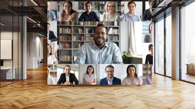 Many portraits faces of diverse young and aged people webcam view, while engaged in videoconference on-line meeting lead by african businessman leader. Group video call application easy usage concept Wall mural