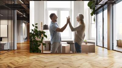 Mature couple accomplish relocation day give high five feel happy, standing in unfurnished living room with heap of cardboard boxes. Move celebration, bank mortgage for older citizen, new life concept Wall mural