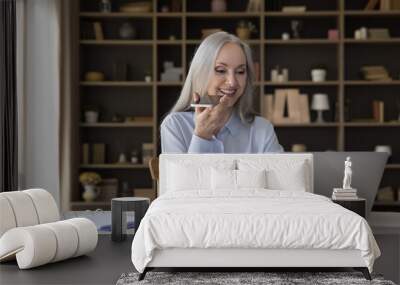 Middle-aged businesslady holds smartphone talks on speakerphone sit at desk, leave voice message via messenger, text on laptop. Older generation use modern tech for business and communication concept Wall mural