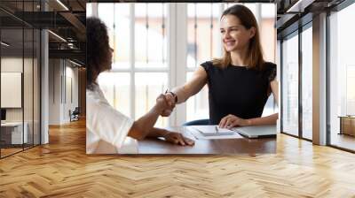 Multi-ethnic businesswomen sit at desk greeting each other shake hands before negotiations, caucasian hr manager welcomes mixed-race applicant start job interview, make deal reach an agreement concept Wall mural