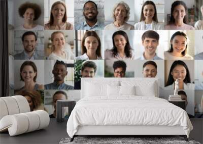 Multi ethnic people of different age looking at camera collage mosaic horizontal banner. Many lot of multiracial business people group smiling faces headshot portraits. Wide panoramic header design. Wall mural