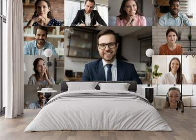 Multiethnic businesspeople brainstorm engaged in team webcam video call in office. Smiling diverse multiracial colleagues talk speak on web virtual conference, have group online meeting or briefing. Wall mural