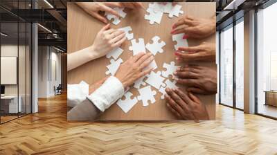 Multiracial team assembling puzzle together, hands of diverse people connecting pieces engaging in finding solutions, teambuilding and teamwork concept, business help support, close up vertical view Wall mural