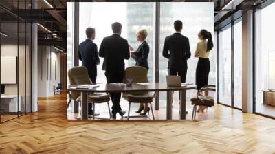 Multiracial workers colleagues talk at break, drink coffee, stand near window, modern city skyscrapers. Coworkers in office discuss future project, planning new opportunities. Business vision concept Wall mural