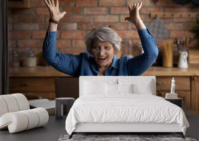 Overjoyed mature woman wearing glasses reading good news, using laptop, sitting at desk at home, happy senior businesswoman looking at computer screen, excited by money refund or lottery win Wall mural