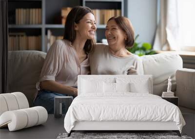 Overjoyed young woman with mature mother chatting, laughing at joke, enjoying pleasant conversation, middle aged mum and grownup daughter hugging, having fun, sitting on cozy couch at home Wall mural