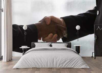 Panoramic closeup image diverse businessmen handshaking at meeting Wall mural