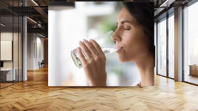 Peaceful woman satisfying thirst, drinking fresh pure clear cold water, enjoying beverage with closed eyes, keeping healthy hydration, aqua balance, diet, losing weight, practicing detox Wall mural