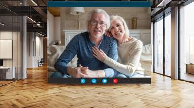 Portrait screen application view of happy mature grandparents sit relax at home have video call with relatives, smiling elderly man and woman talk speak online using Webcam conference on computer Wall mural