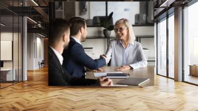 Positive confident younger and older business partners shaking hands on meeting, smiling, laughing, negotiating on contract, agreement, partnership. Senior team leader thanking employee with handshake Wall mural