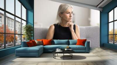 Puzzled mature woman sit on sofa with laptop, facing challenging task or problem looks deep concentrated, engaged in creative project, brainstorm idea or lack of understanding, search issue solution Wall mural