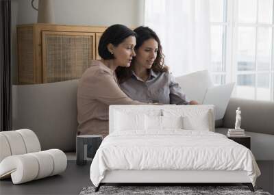 Serious middle ages smart mother showing online content on laptop to positive adult child, pointing at screen, display, speaking, meeting with daughter woman at home, using gadget Wall mural