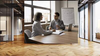 Serious younger businessman talking to mature colleague at laptop, discussing work strategy, offering plan. Manager meeting with client, business partner in boardroom Wall mural