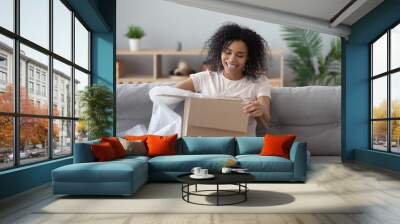 smiling black girl unpack parcel at home shopping online Wall mural