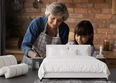 Smiling mature Hispanic granny and small granddaughter work with flour bake cookies in kitchen at home. Happy caring senior grandmother and little grandchild cook breakfast or dessert together. Wall mural