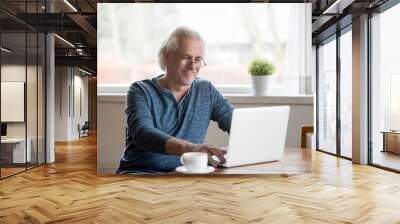 Smiling senior middle aged man in glasses working on laptop at home, happy elderly mature male user looking at computer screen communicating online or using software for dating, reading morning news Wall mural