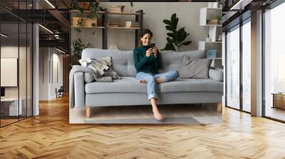 Smiling young Caucasian woman sit relax on couch in living room talk on video call. Happy millennial female rest on sofa at home have webcam digital virtual communication on cellphone. Wall mural