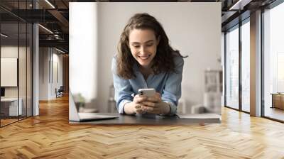 Smiling young woman using modern smart phone at workplace, leaned at desk, enjoy messages exchange, distracted from work or study spend time on internet, chatting with friends, scroll news feed. Tech Wall mural