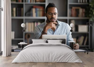 Thoughtful African American businessman looking at laptop screen, touching chin, pondering project plan or strategy, creative ideas, freelancer working online, sitting at desk in modern cabinet Wall mural