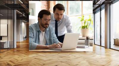 Two colleagues employees working on laptop together, discussing online project, sharing ideas, using laptop, looking at screen, confident businessman mentor in suit training new worker in office Wall mural