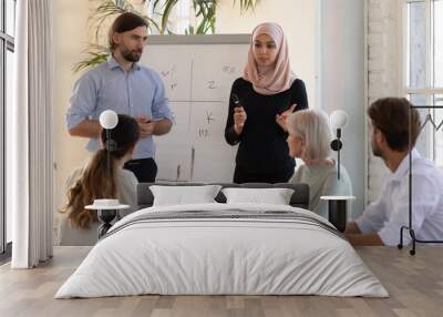 Two diverse business coaches giving flip chart presentation in boardroom, training staff, Asian muslim businesswoman wearing hijab explaining strategy or marketing plan to employees team at meeting Wall mural